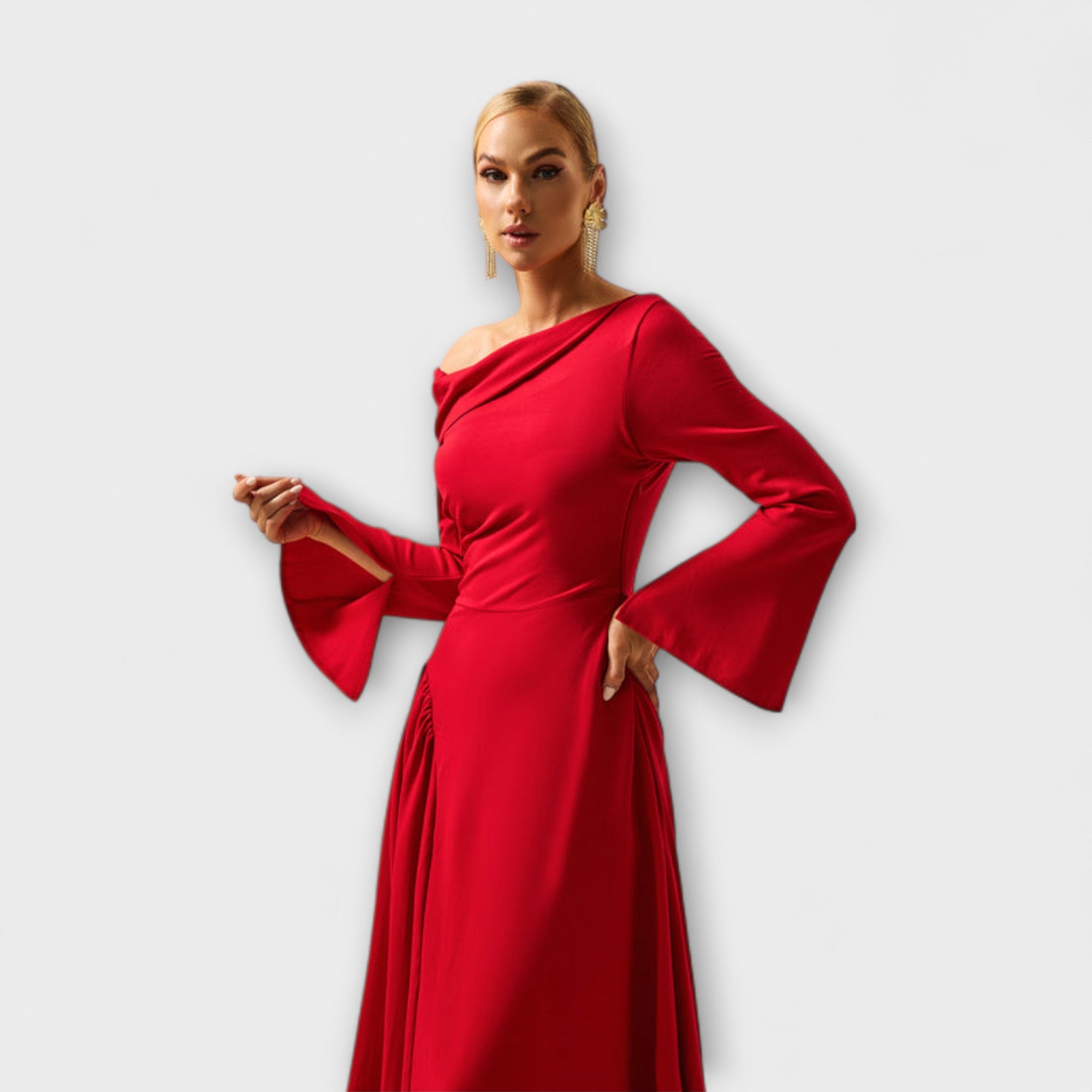 Willa - Off-Shoulder Midi-Kleid mit gerafften Ballärmeln