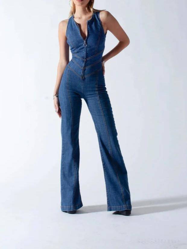 Gabriella - Denim-Jumpsuit mit weitem Bein und Bindeband im Rücken