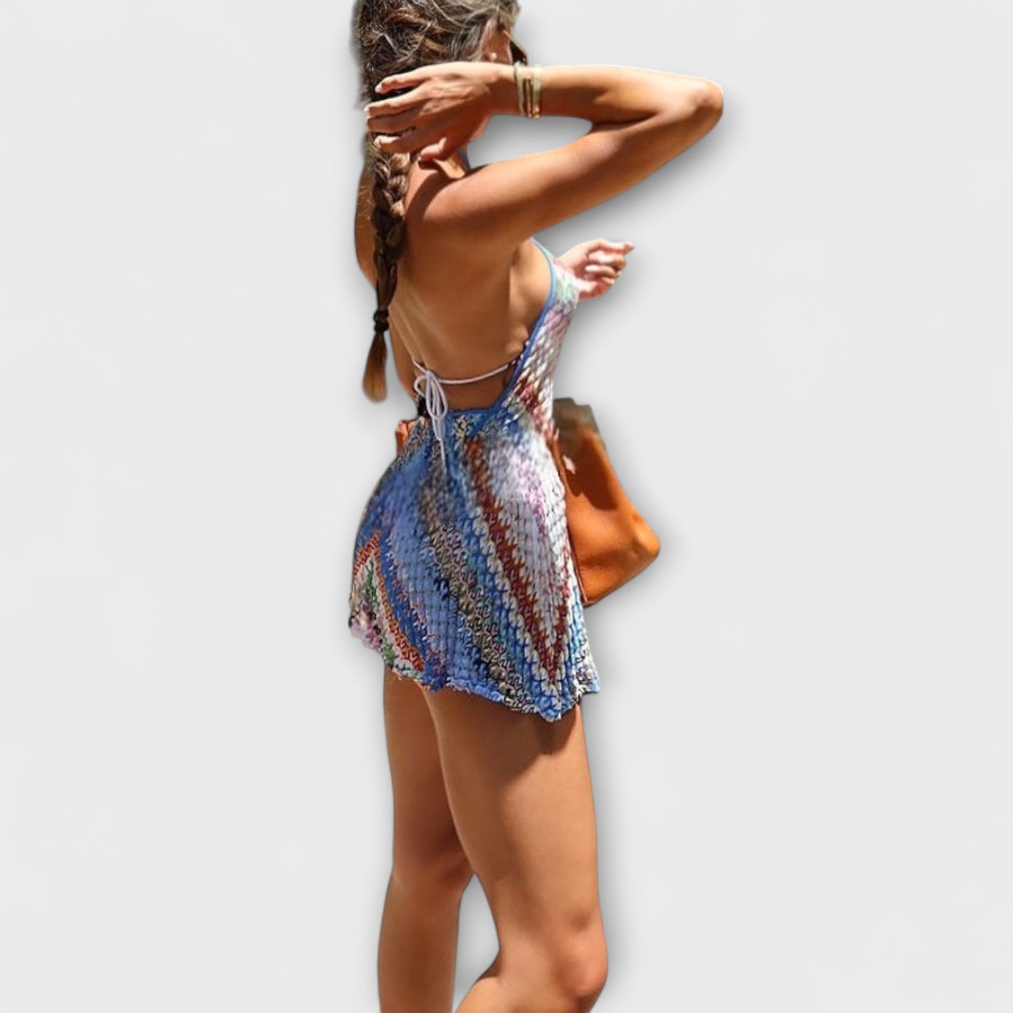 Helina - Bunt gestrickter rückenfreier Neckholder-Romper