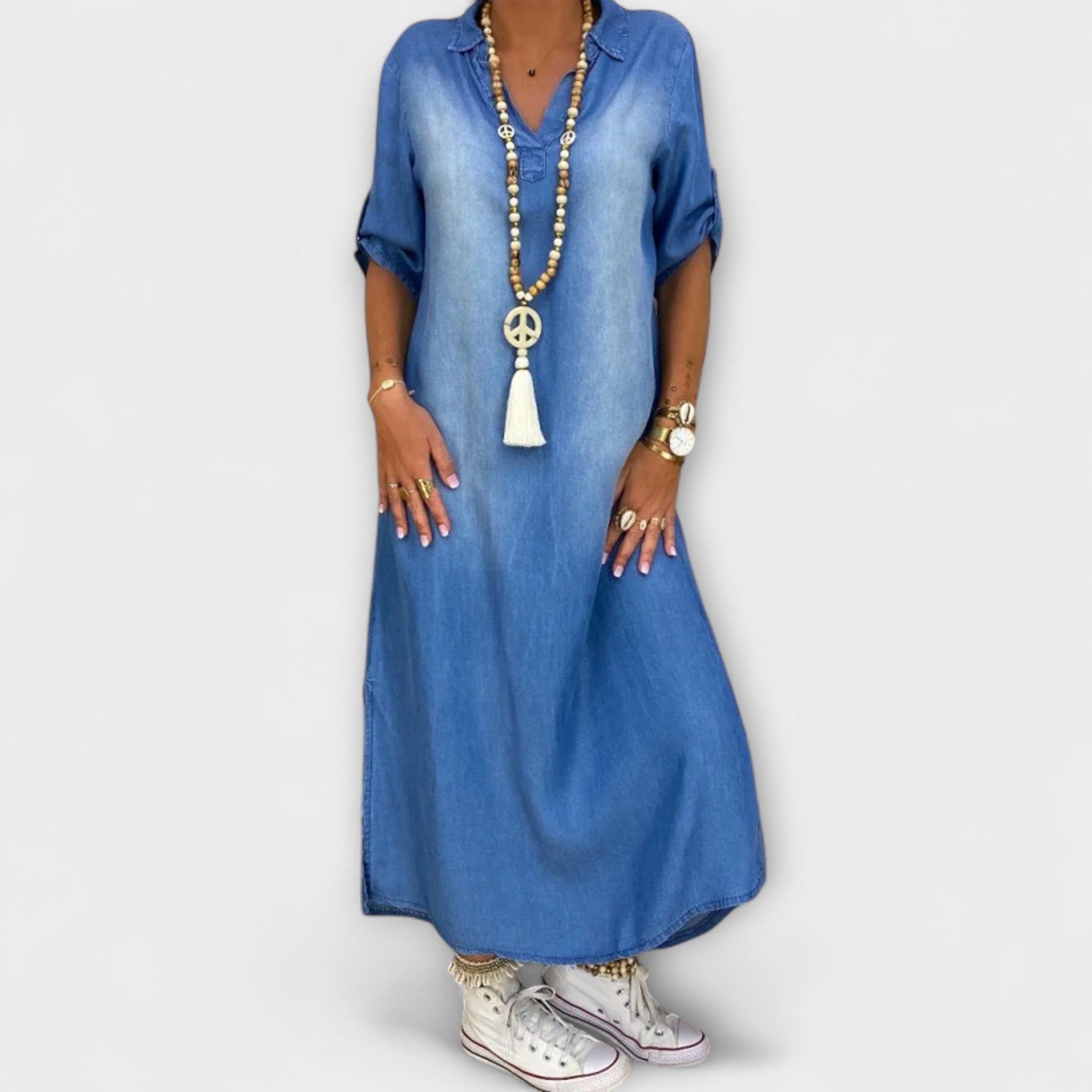 Lea - Langes Denim-Look Kleid mit Seitenschlitz