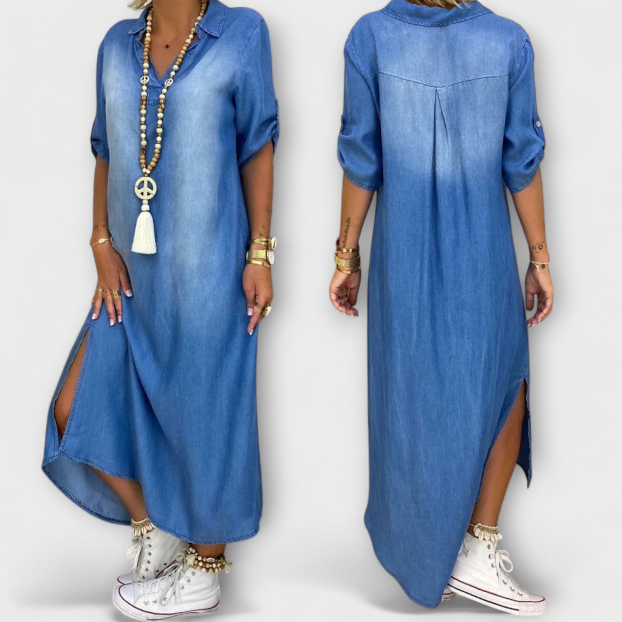 Lea - Langes Denim-Look Kleid mit Seitenschlitz