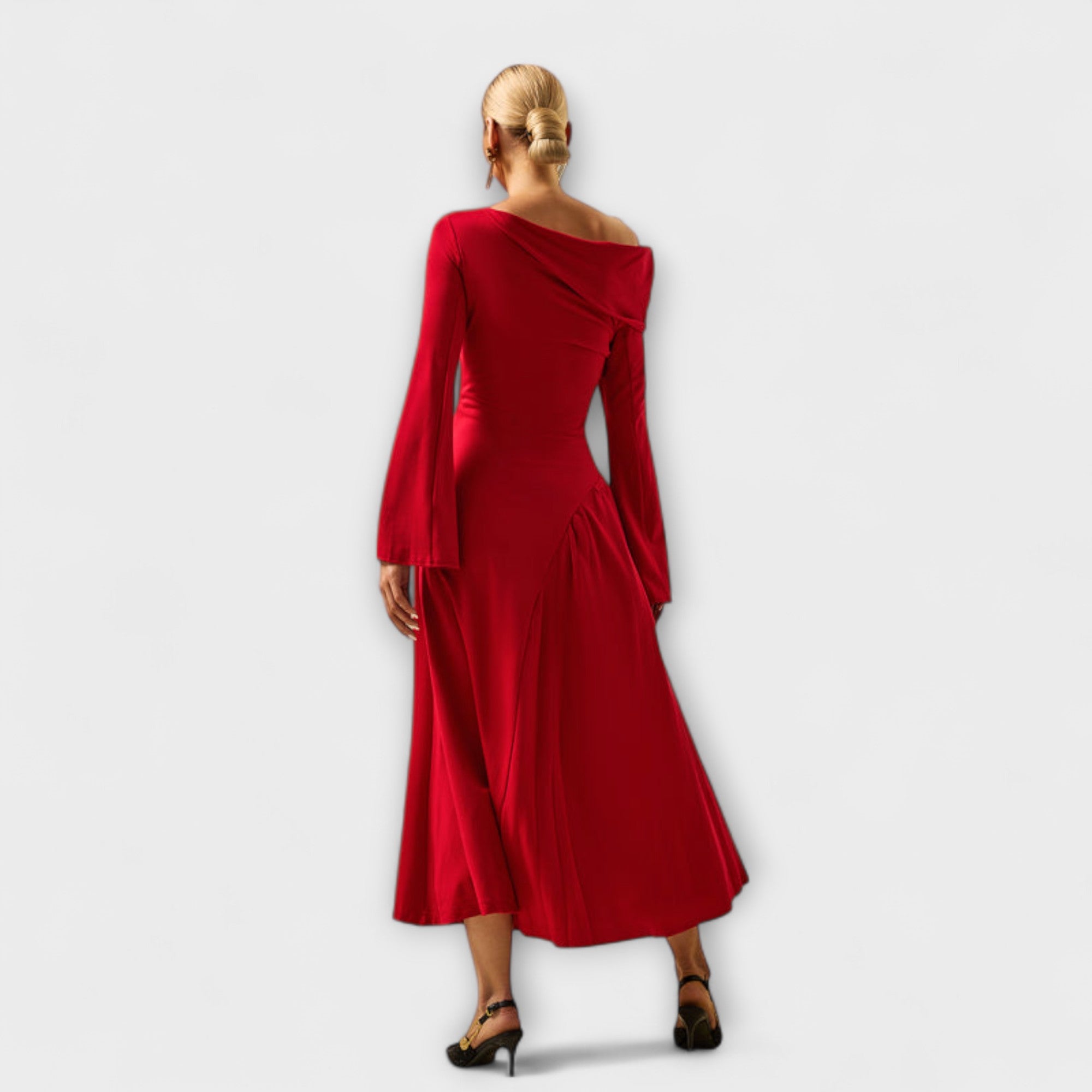 Willa - Off-Shoulder Midi-Kleid mit gerafften Ballärmeln