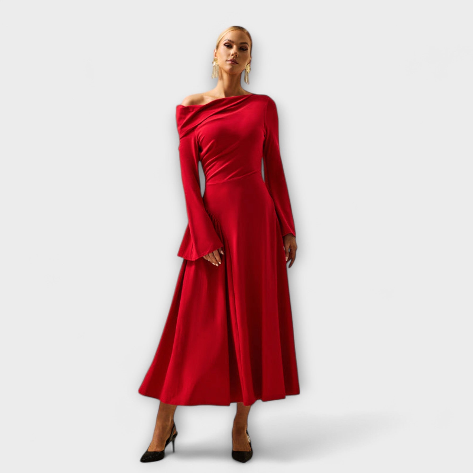 Willa - Off-Shoulder Midi-Kleid mit gerafften Ballärmeln