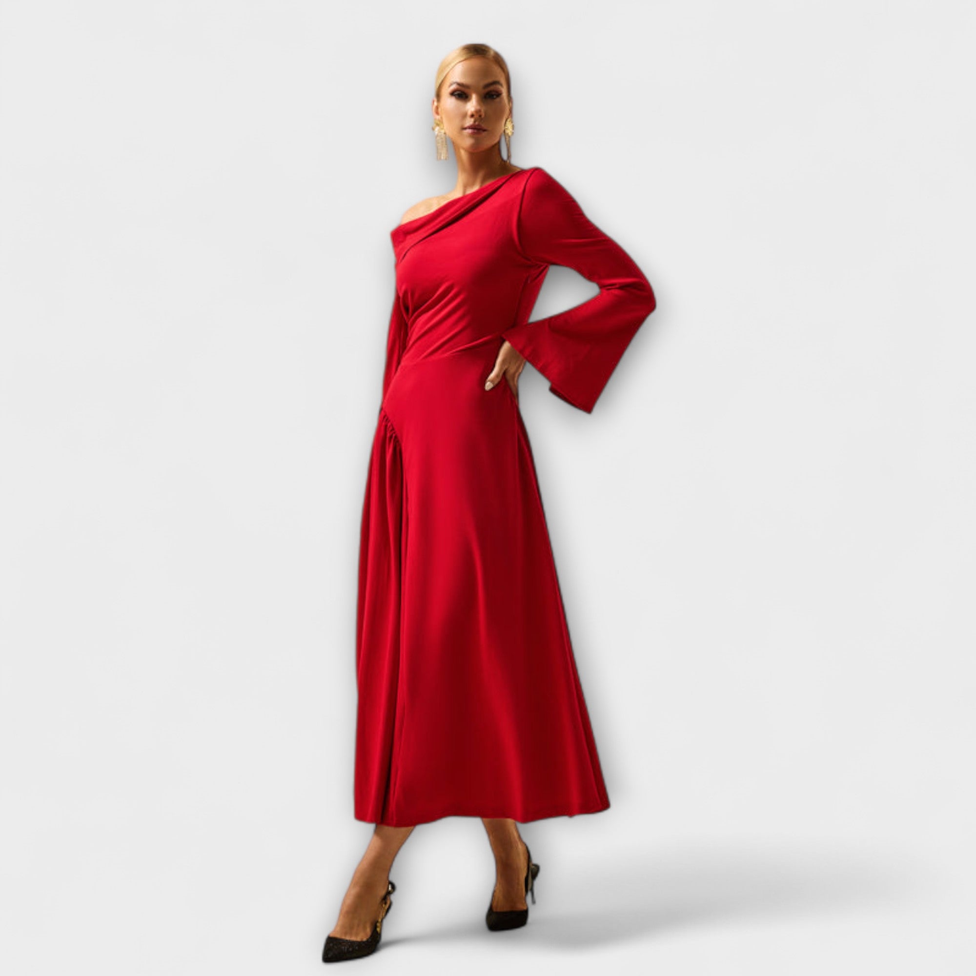 Willa - Off-Shoulder Midi-Kleid mit gerafften Ballärmeln