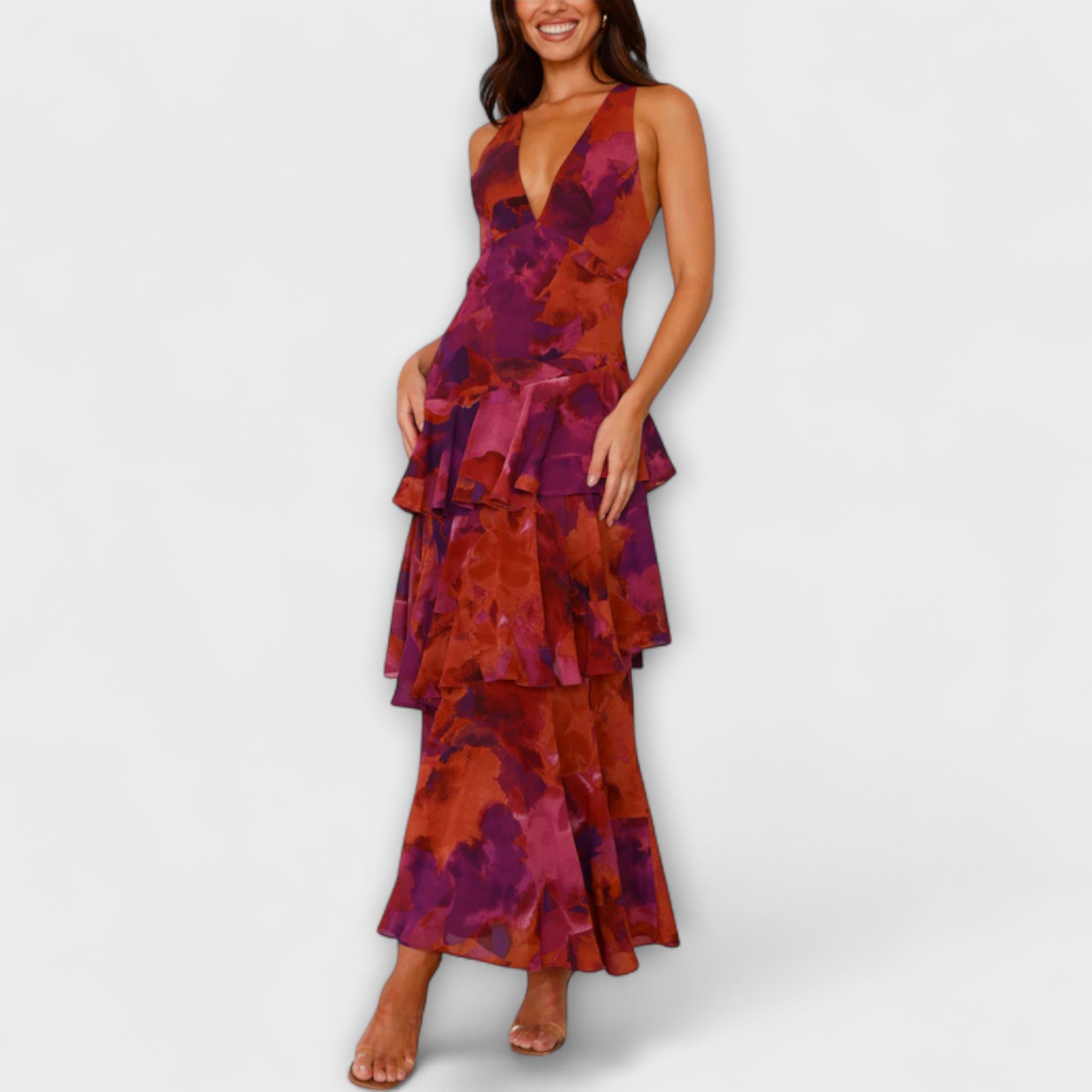 Domenica - Chiffonkleid mit V-Ausschnitt und fließenden Lagen